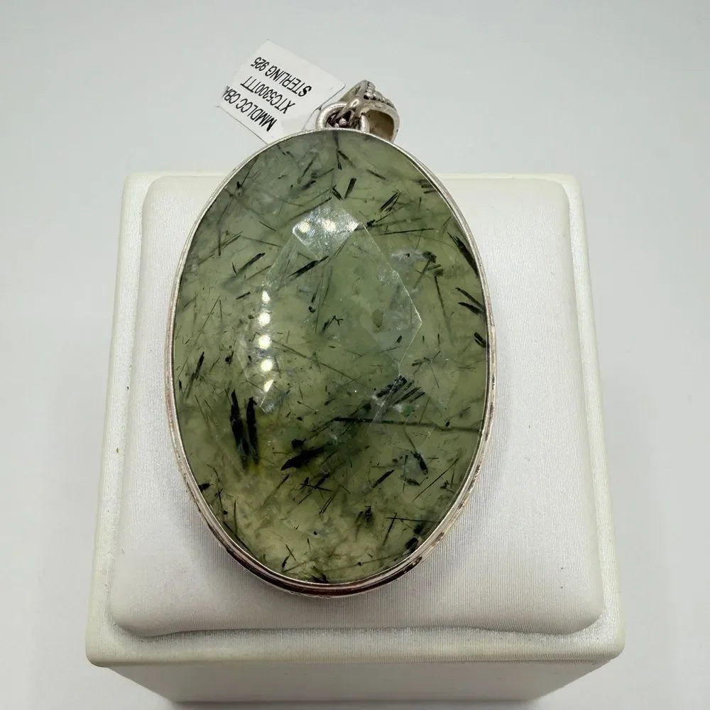 NWT 27x41mm MONSTER faceted/checkerboard‎ PREHNITE pendant in BALI 925!